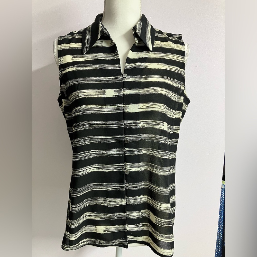 Liz Claiborne Women’s Sleeveless Top/Blouse, 10, Black/Cream, Striped
